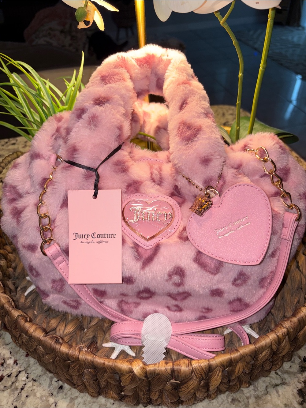 Juicy couture pink leopard faux fur heart bag